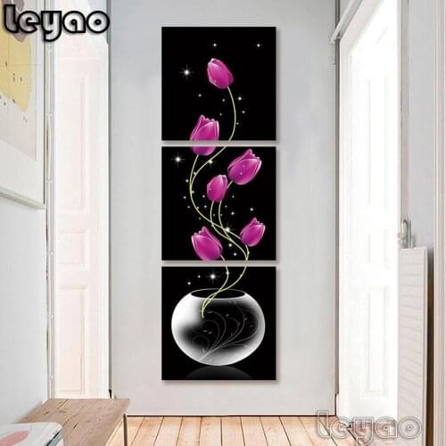 3 panels Vertical Version Vase with Rose Wall Art Painting Red Tulip Flowers Elegant DIamond Painting For Porch Corridor Decor