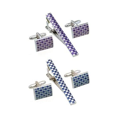 5sets/lot Classic Enamel Cufflinks Tie Clip Set Blue Purple Plating Grid Cuff Links&Tie Pin Bars Sets Business Style Men Jewelry