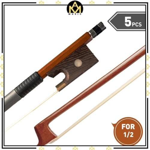 5pcs/ 1set Brazilwood 1/2 Violin/ Fiddle Bow White Mongolia Horsehair Student Bow
