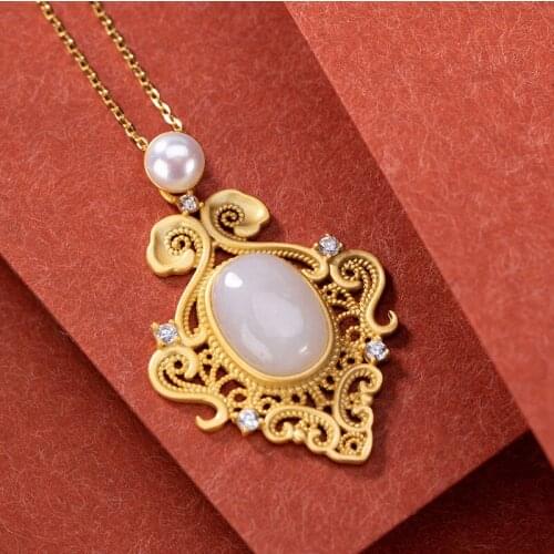 Natural White Hetian Jade Retro Pendant Necklace 925 Silver Fashion Jewelry Chalcedony Amulet Gifts for Women