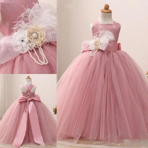 Flower Girls' Dresses For Wedding Lace Tulle Kids Formal Wear Sleeveless Floor Leng Beach Girls Pageant Gowns