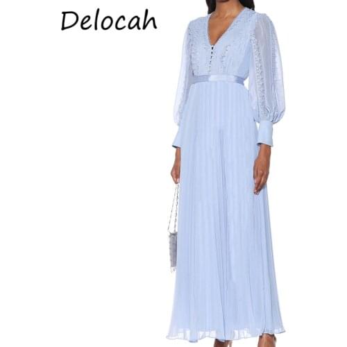 Delocah New 2021 Summer Women Fashion Runway Party Pleated Dress Lantern Sleeve Lace High Waist Printed Long Dresses Vestidos