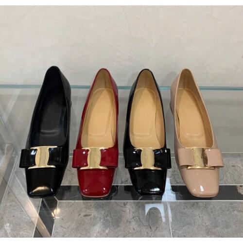 Designer Womens Autumn Shoes Genuine Leather Sheepkin Low Heels Fashion Square Toe Butterfly-knot Wedding Dress For Lady db049