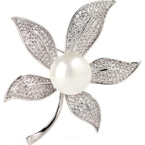 Elegant Leaf Pearl Brooches Pins for Female Micro Pave Cubic Zirconia Suit Coat Pin Luxury Jewelry Wedding Corsage аксессуары