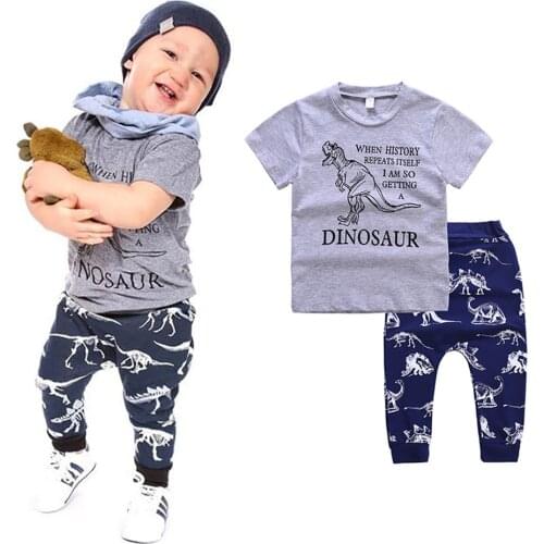 Baby Boys Dinosaur Fashion Print Top T-shirt Pants Children Kids Summer Two Pieces Cotton Casual Short Sleeve Clothes Sets