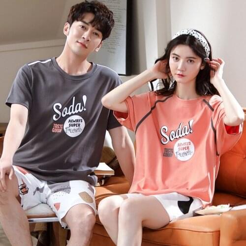 Summer Cute Cartoon Pajamas For Couples 2 Piece Set Cotton Short Sleeve T Shirt Shorts Comfortable Home Clothes Sleep Sleepwear