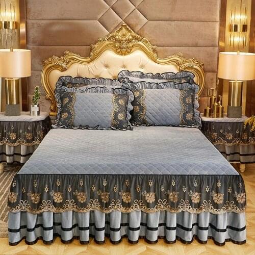 Gray Purple Luxury Lace Print bedding Bed Skirt set Cotton Korean Soft Thick Princess Bedspread Solid Bed Sheet Linen Pillowcase