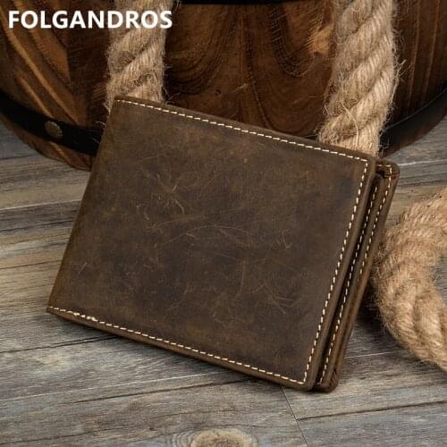 Crazy Horse Leather Men Wallet Brand Cowhide Genuine Leather Zipper Coin Purse Designer Card Holder Bifold Carteira Masculina