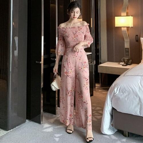 2 Pieces Set Casual Office Suits For Women Print Slash Neck Tops and Wide Leg Pants Suit 2019 Summer Workwear Suits Two Pieces