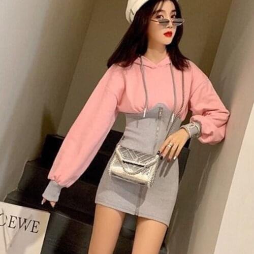 Fashion Autumn Women Slim Thin Hip Package Hooded Patchwork Dress Female Long-sleeved Sexy Mini Pencil Dress New Hot Sale KLIC
