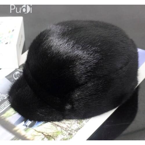 Pudi 170762 men mink fur hat Mens Genuine Mink Fur Cap Winter Warm Top Hat Headgear Beanie Beret Newsboy Cap