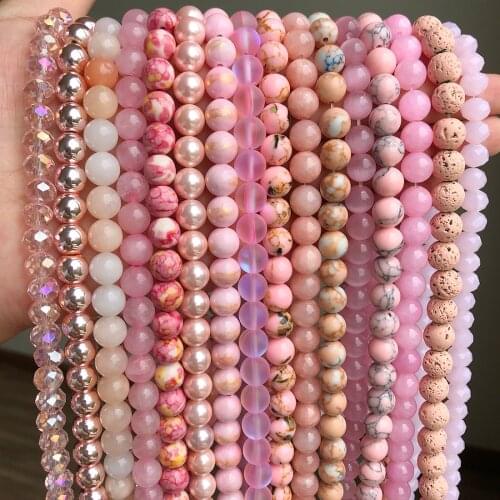 Natural Stones Rose Quartzs Pink Crystal Cat Eye Howlite Jades Round Loose Waist Charms Beads for Jewelry Making DIY Bracelet