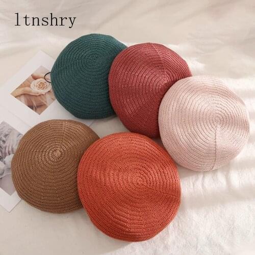 2019 new Spring Summer Women Knit Berets Newsboy hat Ladies Solid Flat Cap Fashion Crochet French Caps Stars Painter Hat Cotton