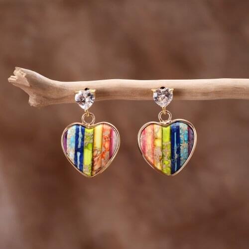 New Charka Heart 7 Color Dangled Drop Earrings Zircon Pin Women Natural Stone Earring