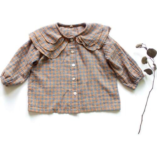 Autumn Children Shirts Korean Style Cotton Linen Baby Girls Plaid Blouses Ruffles Collar Tops Kids Clothes