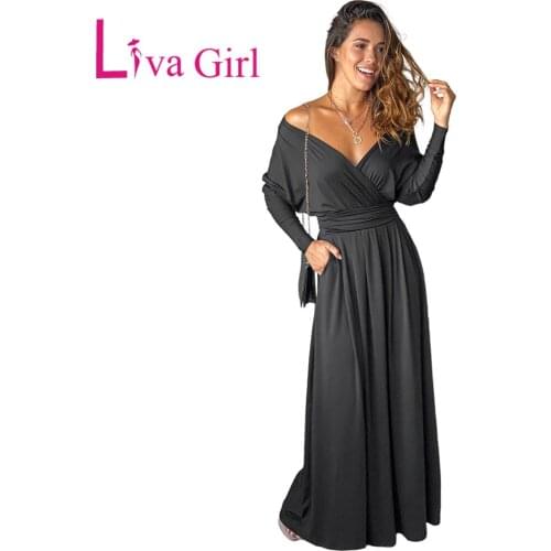 LIVA GIRL Woman Elegant Black V Neck Batwing Sleeve Maxi Dress with Belt 2021 Female Spring Autumn Ruched Slim Party Long Dress
