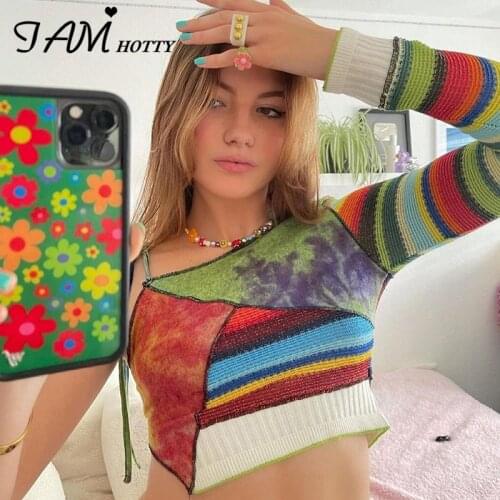 Sexy One-Shoulder Bandage Knitted Crop Top Tee Women Striped Patchwork Hollow Out Skew Collar T Shirt Retro Hot Shirts Iamhotty