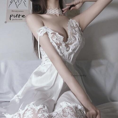 Grey Floral Nightgown Spaghetti Strap Dress Hollowed Out Lace Nightdress Women Sleepwear Lingerie Sleeping Dress with Thongs