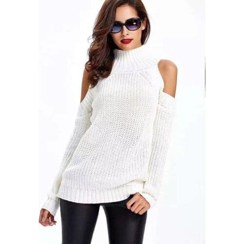 MEIYANGYOUNG White Womens Sweater Sexy Off Shoulder Halter Turtleneck Sweater For Woman Knitted Pullover Sweaters Female Jumper