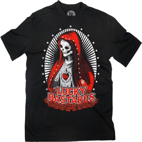 Slim Short Sleeve O Neck Lucky Bastards [Deliver Us From Evil] T-Shirt Rockabilly Skull Sinner Rocker Biko Neck Tops Tees