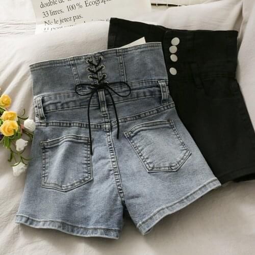 Korean version buttons up all-match jeans women spring elastic slim drawstring high waist A-line shorts