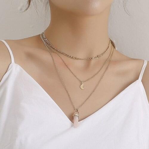 Vintage Multilayer Pink Crystal Hexagon Prism Moon Pendant Necklace Women Temperament Geometric Necklace Party Jewelry Kolye