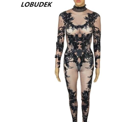 Vintage 3D Pattern Black Sequins Stretch Jumpsuit Sexy Nightclub DJ Women Singer Leotard Rompers Stage Wear Pole Dance Costume
