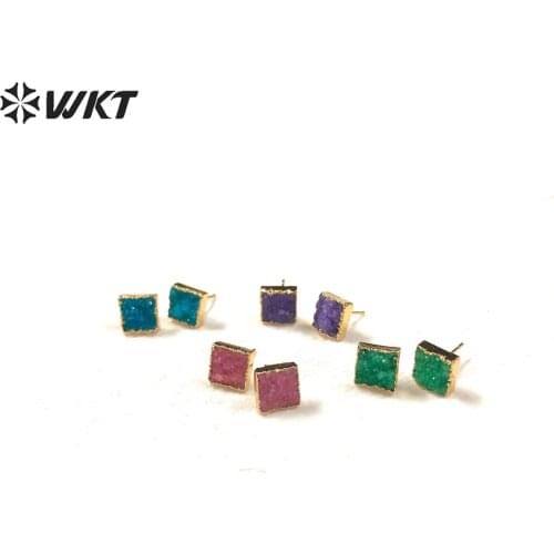 WT-E274 wholesale 10pairs /lot stone studs ,gold trim square shape druzy stone studs for party wedding