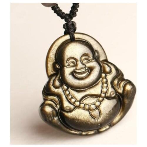 Koraba Fine Jewelry Natural Gold Obsidian Stone Hand Carved Buddha Zen Meditation Yoga Pendant Free Shipping