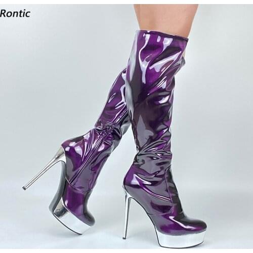 Rontic 2021 Women Platform Knee Boots Patent Leather Sexy Stiletto Heels Round Toe Pretty Dark Purple Party Shoes US Size 5-20