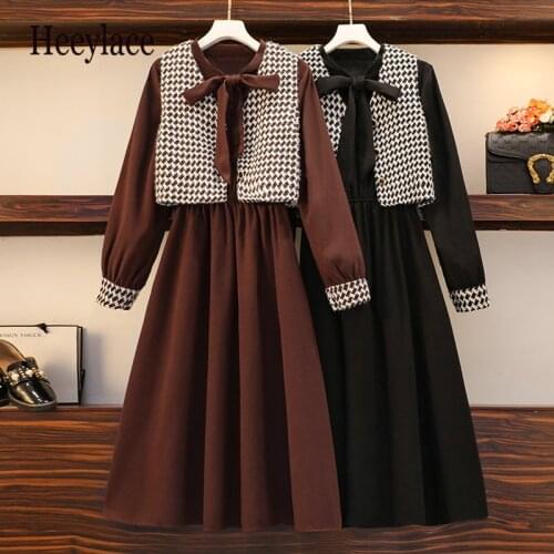 Plus Size Women Autumn Winter Office Ladies 2 Pieces Set Korean Retro Tweed Notched Sleeveless Vest Andbow collar Long Dress Set