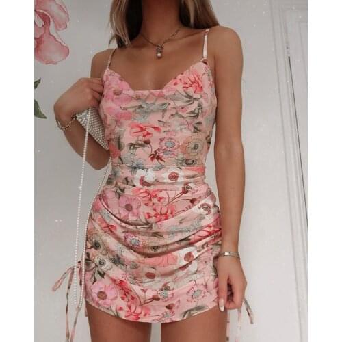 2021 New Style Women Floral Printed Short Dress Ladies Sleeveless Off-the-shoulder Drawstring Ruched Dress Summer