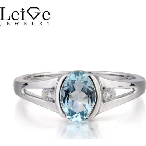 Leige Jewelry March Birthstone Natural Aquamarine Ring Engagement Ring Oval Cut Gemstone 925 Sterling Silver Ring for Girlfriend