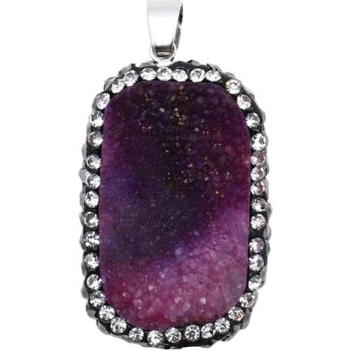 Vintage Druzy Rectangle Rhinestone Natural Amethysts Raw Quartz Pendant Crystal Stone Yoga Pendant Healing 1pcs