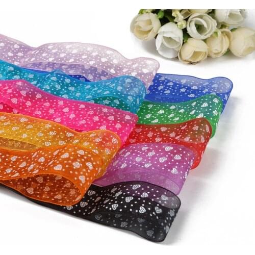 28mm Multi Color Heart Dot Printed Organza Lace Ribbon DIY Sewing Hairbows Gift Wrapping Christmas Garment Ribbon Accessory