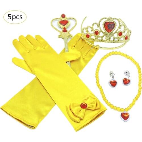 5pcs/set Yellow Princess Dress Up Accessories Best Gifts For Girl Kids Toys Crown Scepter Necklace Earrings Gloves Include