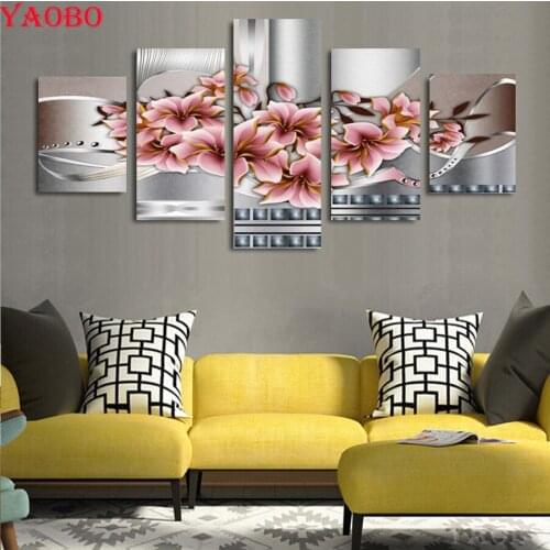 5D diy Diamond Painting Cross Stitch Magnolia Flower 5pcs set mosaic multi-pictures combination Home Decor Diamond Embroidery