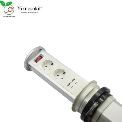 European EU Socket 2 USB Ports Silver Switch Pneumatics Drive Tabletop Hidden Power Sockets Electrical Pop Up Desktop Outlets CE
