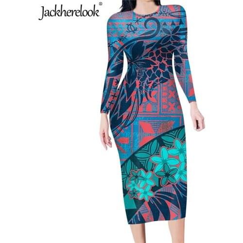 Jackherelook Vintage Polynesian Tattoo Hibiscus Print Office Ladys Sexy Bodycon Pencil Dress for Womens Party Dresses Vestidos