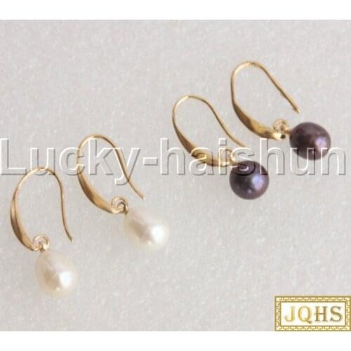 JQHS Dangle 11mm Baroque rice white black freshwater pearls Beaded Earrings j12067