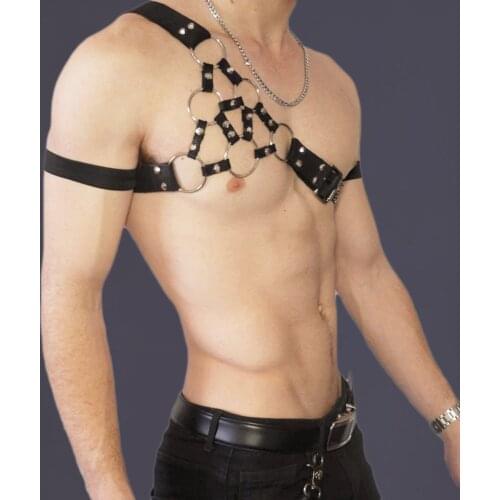 Men Fashion Night Parties Clubwear Body Shoulder Chest Belt O-Ring PU Leather Harness Gay Male Punk Gothic Metal Chain Halter