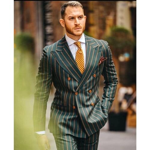Rope Stripe Mens Tuxedos Slim Fit Double Breasted Men Business Pants Suit Tailored Prom Party Wedding Suits (Jacket+Pants)