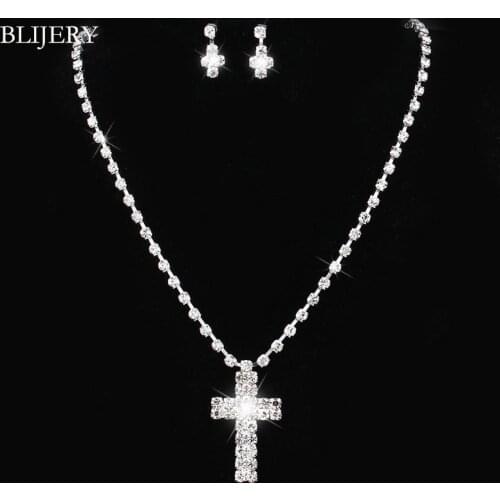 BLIJERY Simple Style Crystal Cross Pendant Necklace Earrings Set Silver Color Rhinestone Wedding Bridesmaid Bridal Jewelry Sets