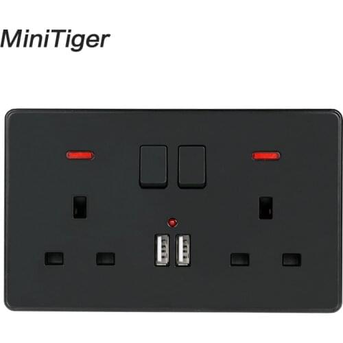 Minitiger Wall Power Socket Double UK Standard Outlet Switched 2.1A Dual USB Charger Port LED indicator 146mm*86mm Black Color