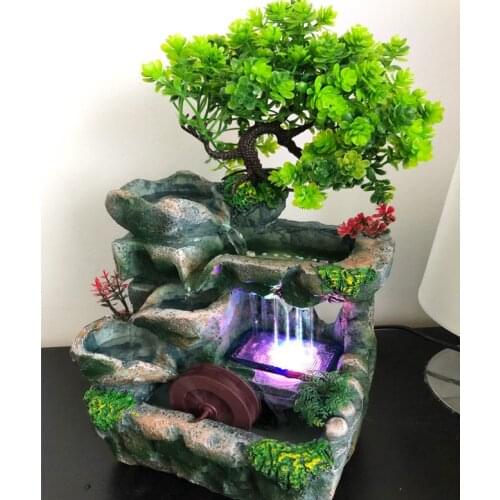 New Desktop Feng Shui Fountain Indoor Table Rockery Waterfall Fountain With 7 Color LED Light Resin Crafts For Home Office Decor