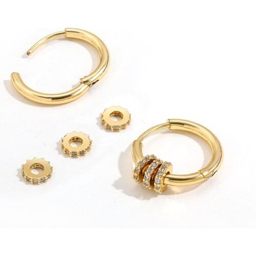 New Trendy Small Round Stainless Steel Hoop Earrings with Zircon Stone Triple Band Pendant Earrings Ear Buckle Huggies Jewelry