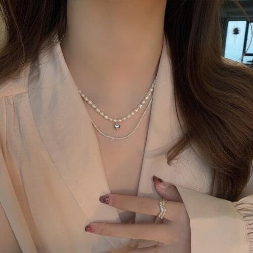2pcs/set Freshwater Pearls Heart Choker Necklace for Women Girls Bijoux Korean Fashion Simple Pendants Necklace Jewelry Gifts
