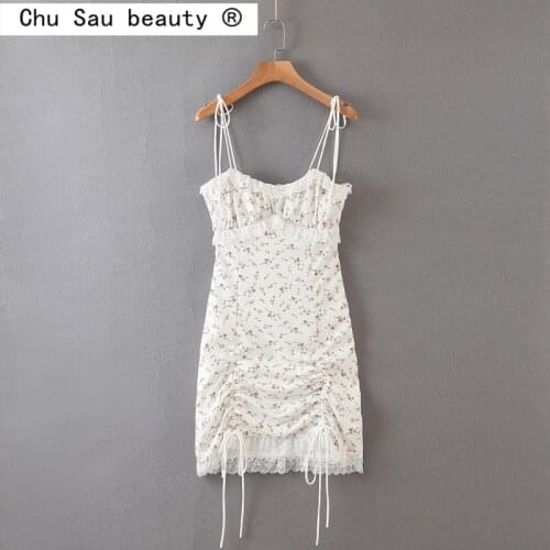 Chu Sau beauty Summer Dress Women Sexy Slim Printed Drawstring Lace Border Tight Hip Mini Suspender Dress Woman