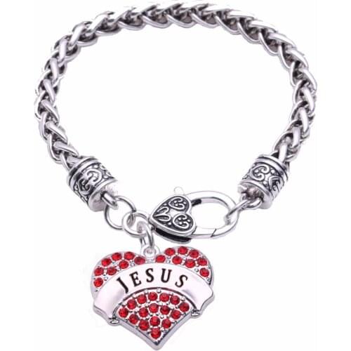 Rhodium plated studded with sparkling crystal JESUS heart jewelry charm bracelet Lobster-claw-clasps