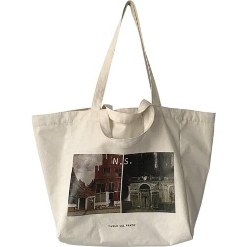 Casual Retro Handbags Large Cotton Cloth Shopping Book Bags Women Canvas Shoulder Bag Prado Museum Pictures Printing Tote Female